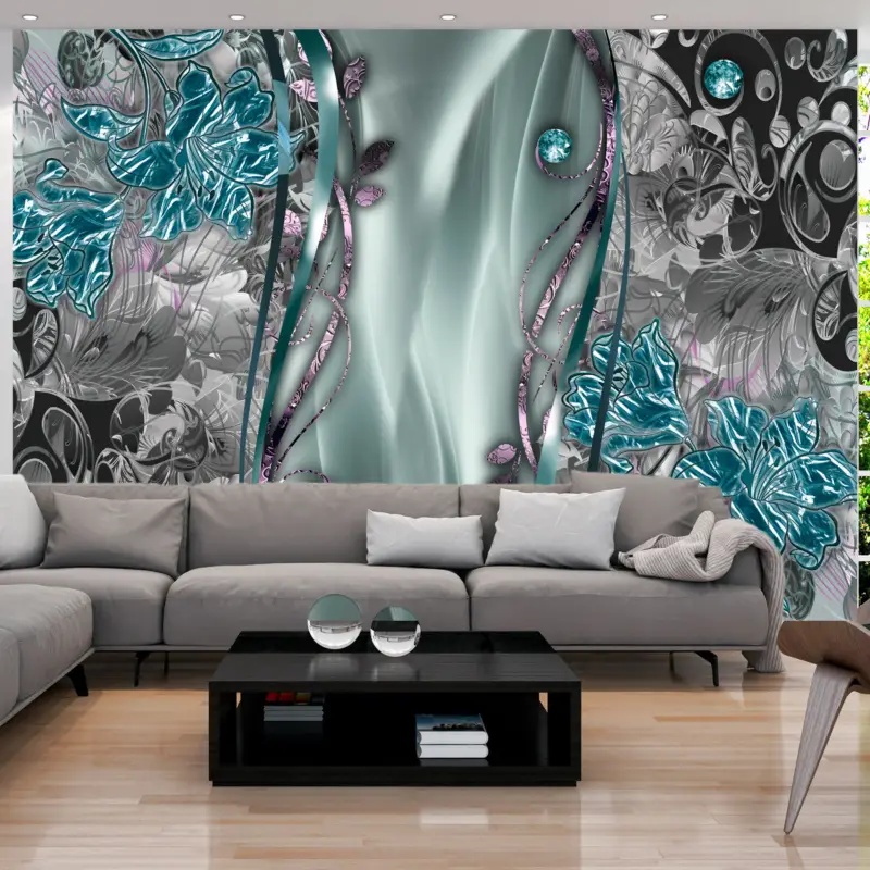 Acheter Direct Zelfklevend fotobehang - Floral Curtain (Turquoise) - 245x175