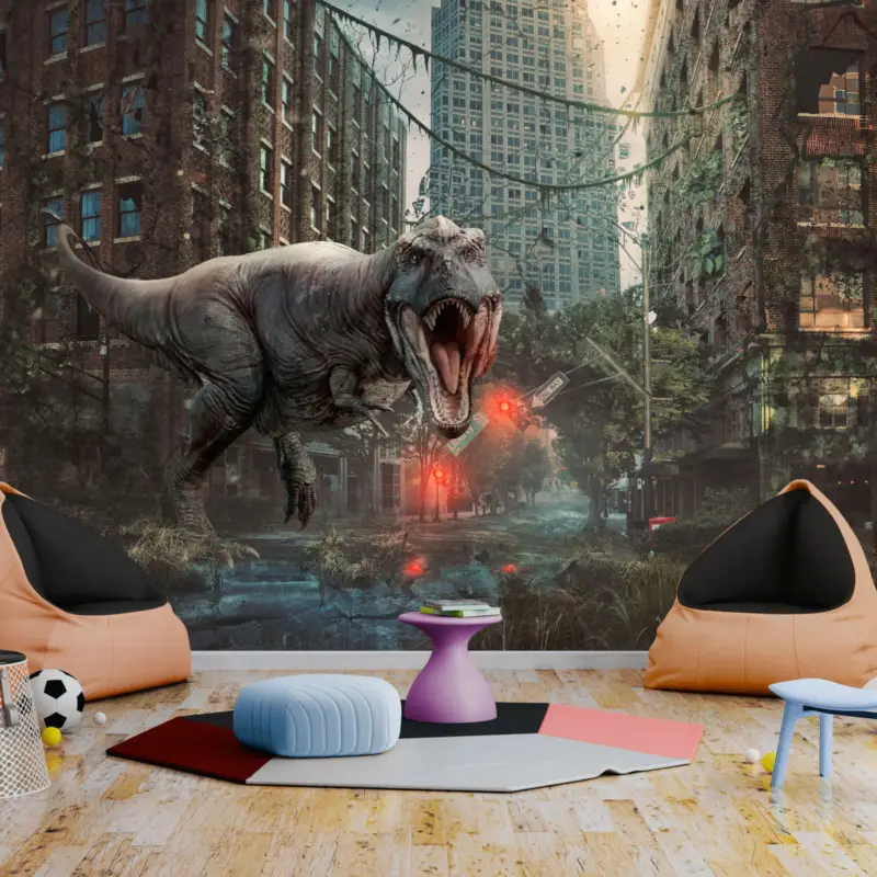 Achat Immédiat Zelfklevend fotobehang - Dinosaur in the City - 98x70