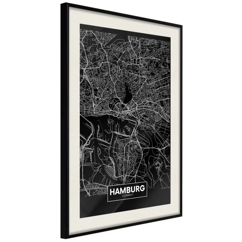 Achat Immédiat Poster - City Map: Hamburg (Dark) - zwart passepartout - 40x60