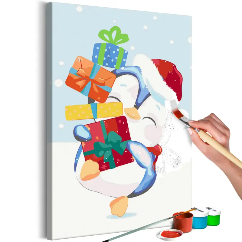 Satisfait Ou Remboursé Doe-het-zelf op canvas schilderen - Penguin With a Gift - 40x60