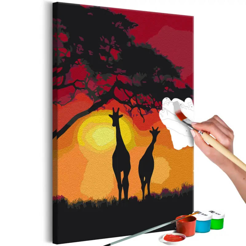 Retour Gratuit Doe-het-zelf op canvas schilderen - Giraffes and Sunset - 40x60