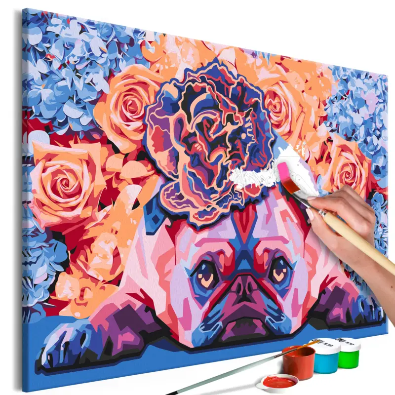 Commander Maintenant Doe-het-zelf op canvas schilderen - Floral Pug - 60x40