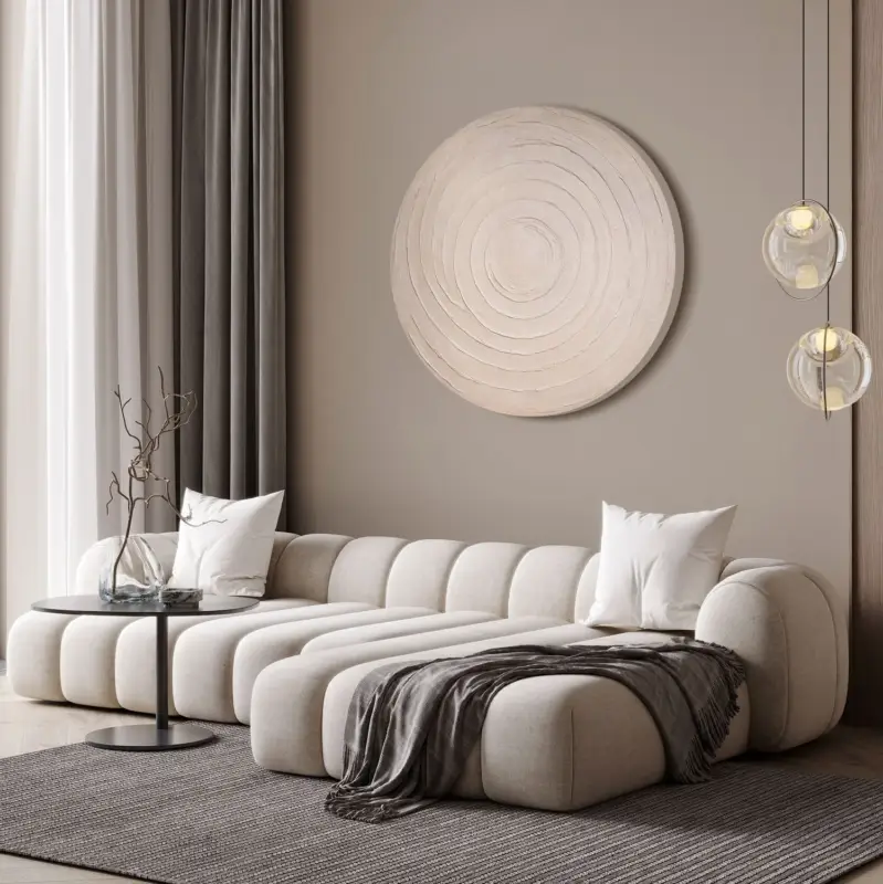 Handgeschilderd rond acryl schilderij "Cirkulair ritme" – Wanddecoratie in natuurtinten - D90 Offre Limitée