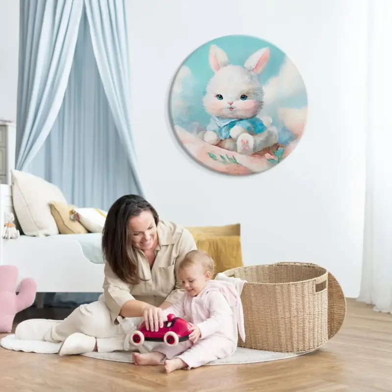 Usine Directe Handgeschilderd acryl schilderij "Bunny" – rond canvas schilderij voor kinderkamers met dierenmotief - D90