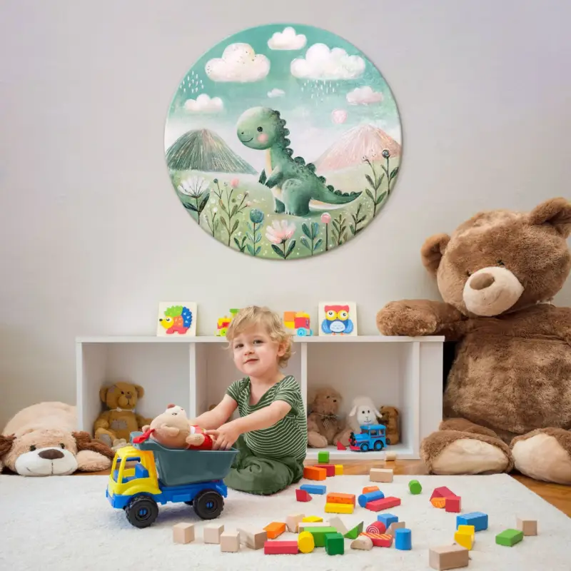 Bon Plan Rond acryl schilderij voor kinderen – schilderij "Dinosaurus" op canvas handgeschilderd - D100