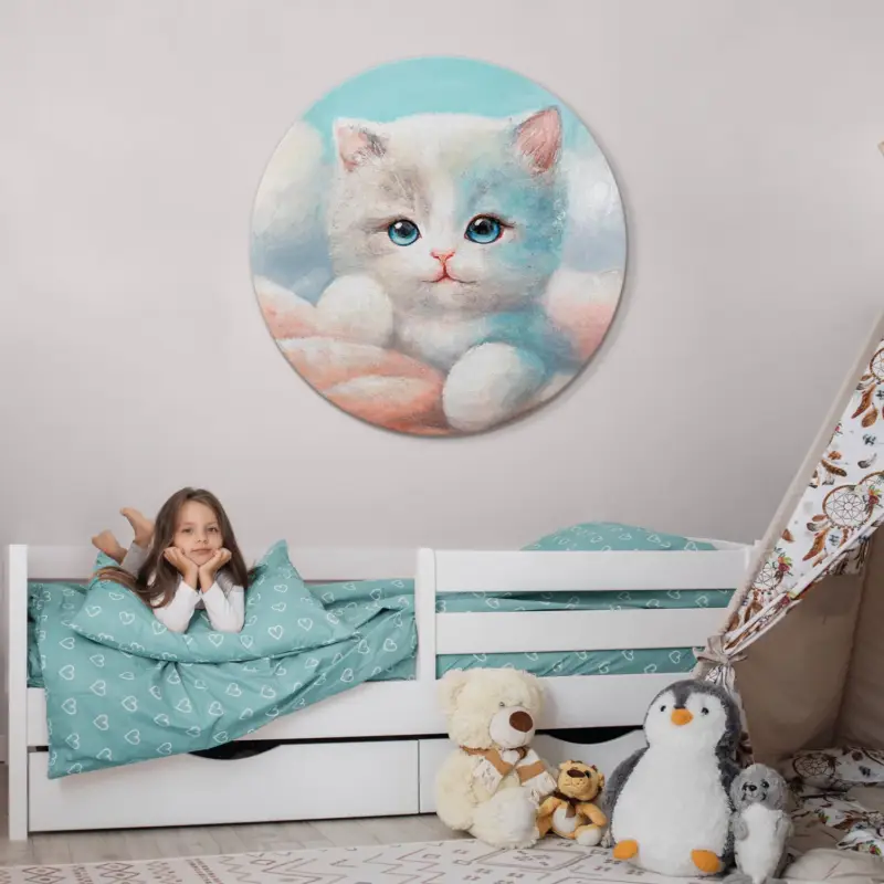 Authentique Rond canvas schilderij "Fluffy" – acryl schilderij kat voor de kinderkamer - D70