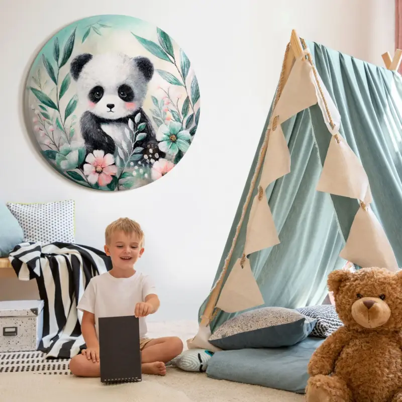Acrylverfschilderij met panda en bloemen – moderne wanddecoratie voor de babykamer "Bospanda" - D80 Offre Du Jour
