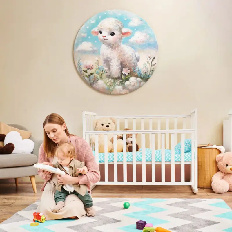 Dernier Modèle Ronde wanddecoratie voor kinderkamers – canvas schilderij met lammetje "Cloud Wonder" handgeschilderd - D100