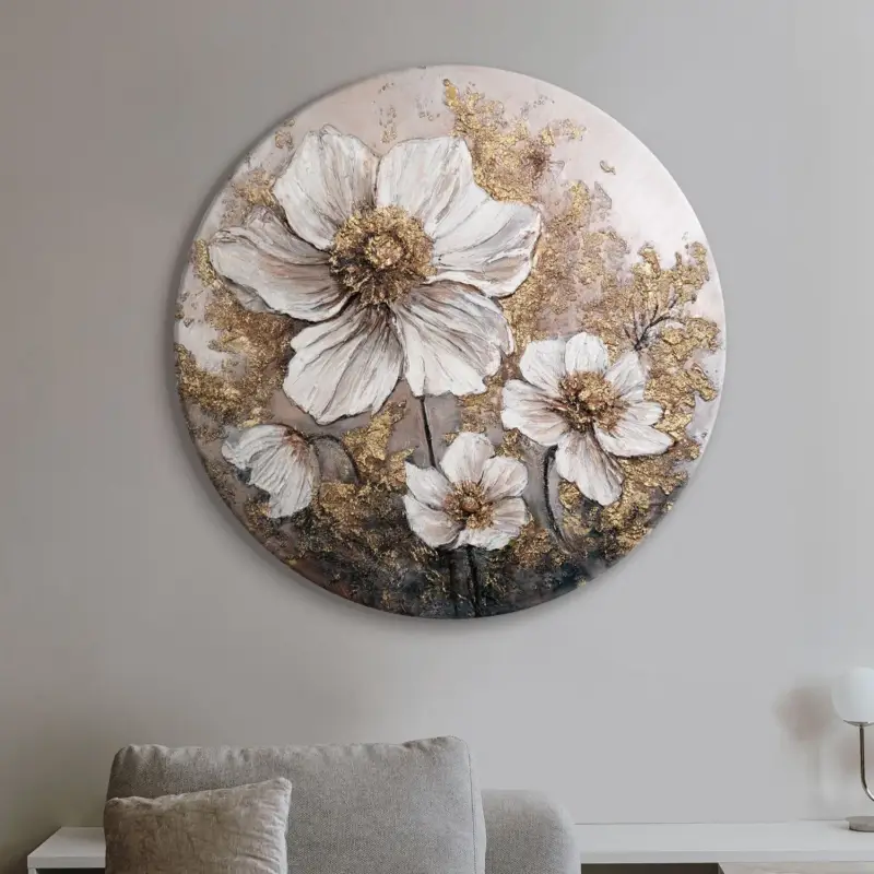 Expédition Rapide Ronde acryl schilderij met bloemenmotief in goudbeige "The Glow of the Buds" - D80