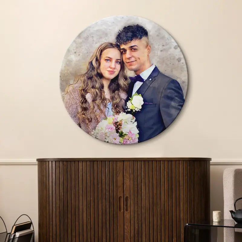 Réduction Rond handgeschilderd portret van een foto – Individuele kunst voor uw huis - 90 cm