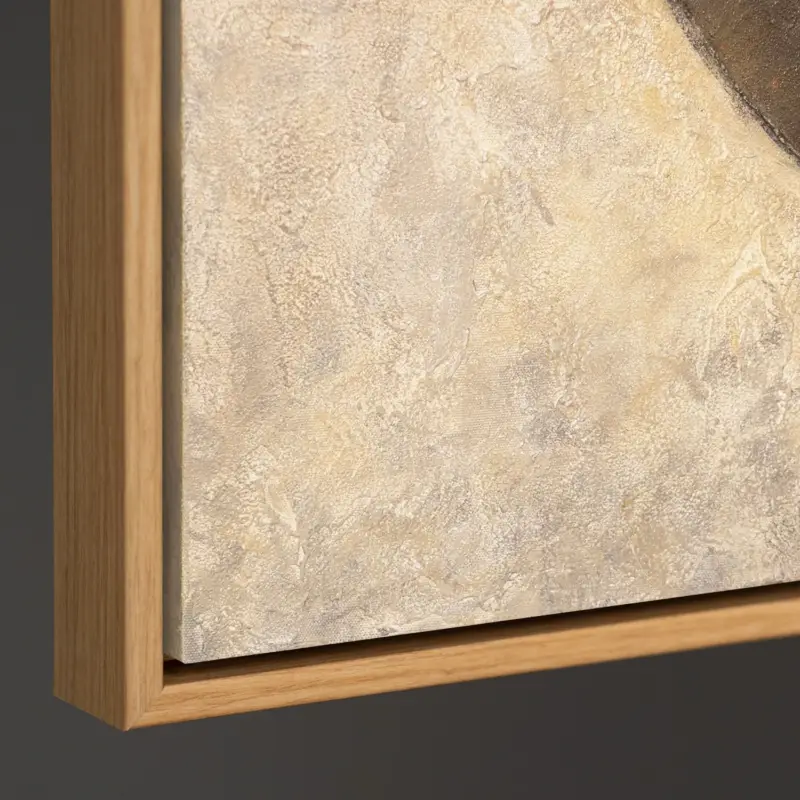 Bon Plan Textuurschilderij Beige & Zwart – Abstracte kunst op canvas “Duet van halve cirkels" - 120x80 houtlook lijst