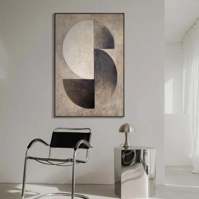 Textuurschilderij Beige & Zwart – Abstracte kunst op canvas “Duet van halve cirkels" - 140x100 Natur Holz Rahmen Dernière Chance