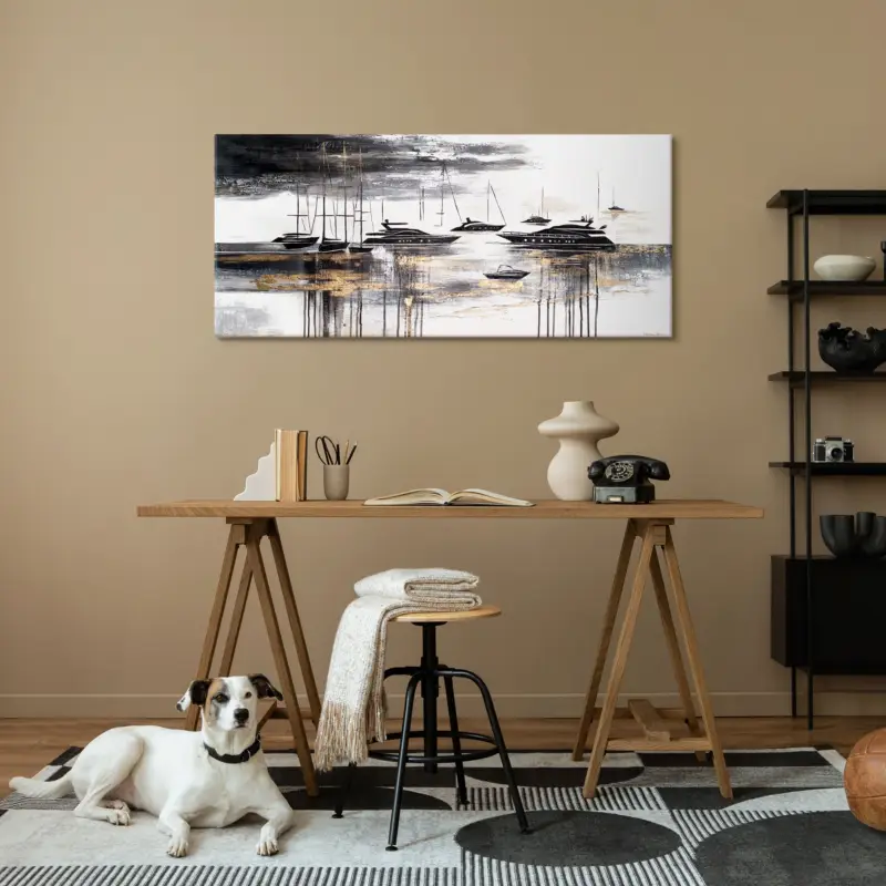 Wandschilderij "Jachten" in zwart en goud – abstract acryl schilderij op canvas modern 115x50cm Marque