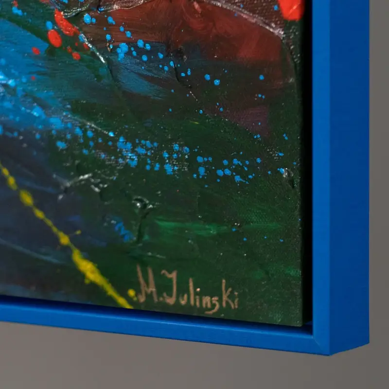 Authentique Handgeschilderd Canvas schilderij "Vuur vonken" – Mystieke nachtlandschap met lichteffecten - 120x80 met blauwe lijst