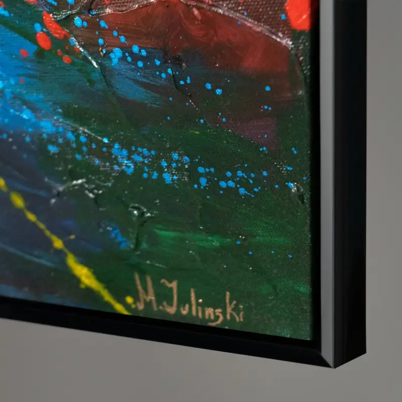 Remise Handgeschilderd Canvas schilderij "Vuur vonken" – Mystieke nachtlandschap met lichteffecten - 120x80 met zwarte lijst