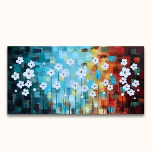 Witte Bloementuin - Dikke olieverf op canvas - 100x50cm Pas Cher