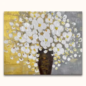 Witte Bloemen in Vaas – Dikke olieverf op canvas - 50x40cm Nouvel Arrivage