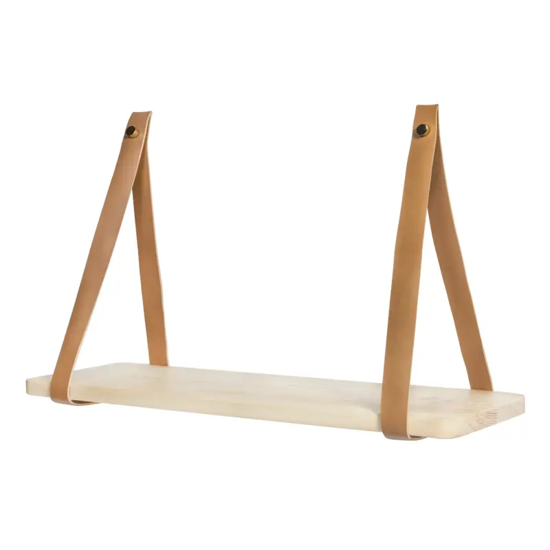 QUVIO Wandplank met leren riemen – Hout – PU leer – 16 x 50 x 25 cm Authentique