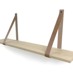 Woodbrothers Eiken 18mm wandplank recht 80x30cm + leren riem cognac Solde