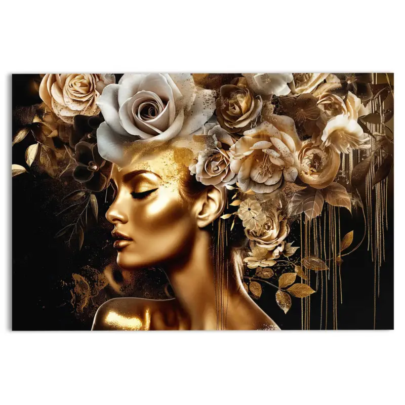 Top Vente Reinders - Golden Flower Lady - Glasschilderij 116x78 cm - Goudkleurig
