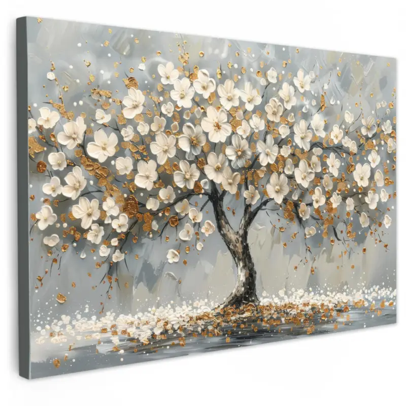 Bon Marché Canvas Schilderij 120x80 cm Boom - Bloemen - Wit - Natuur - Kunst