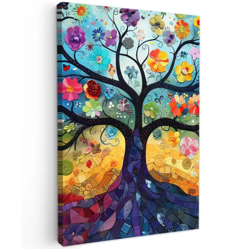 Canvas Schilderij 80x120 cm Kunst - Levensboom - Bloemen - Hippie Nouveauté