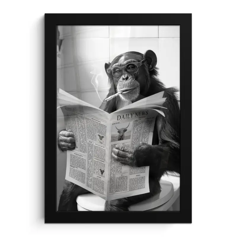 Solde Poster met lijst 20x30 cm Aap - WC - Krant - Zwart wit - Humor