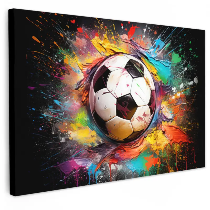 Canvas Schilderij 90x60 cm Voetbal - Verf - Kleuren - Zwart - Wit Quantité Limitée