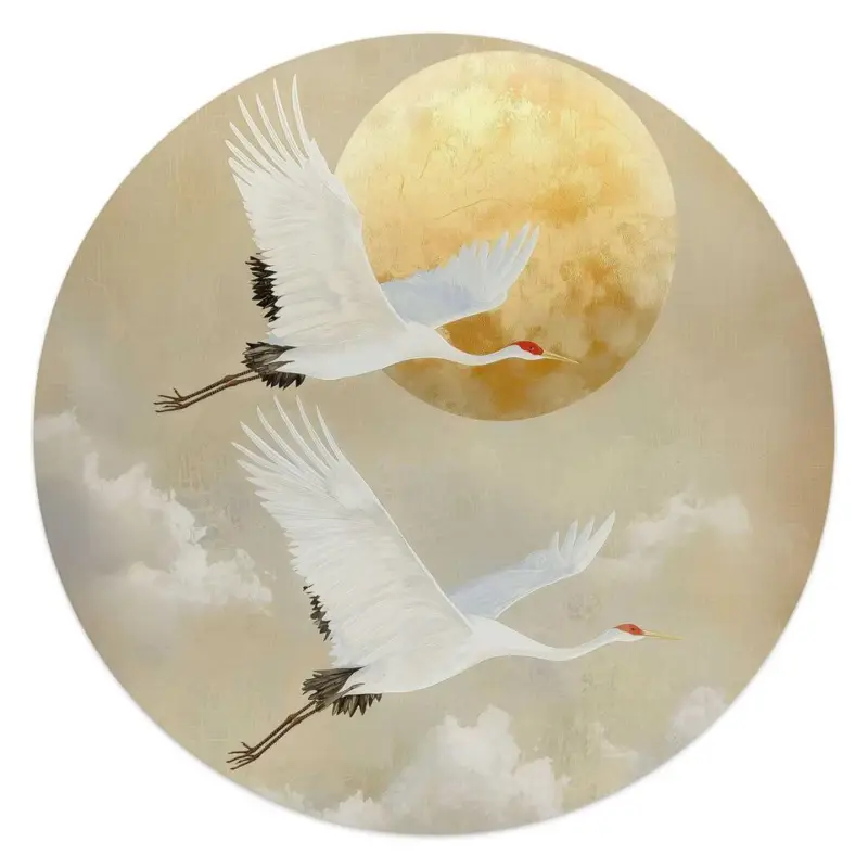 Bon Plan Glasschilderij Kraanvogels onder de maan - Ø 50 - Beige