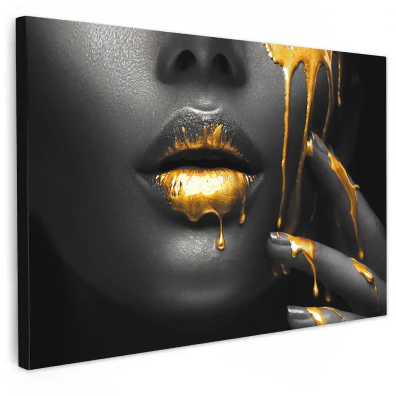Top Vente Canvas Schilderij 90x60 cm Vrouw - Zwart - Goud - Gezicht - Lippen