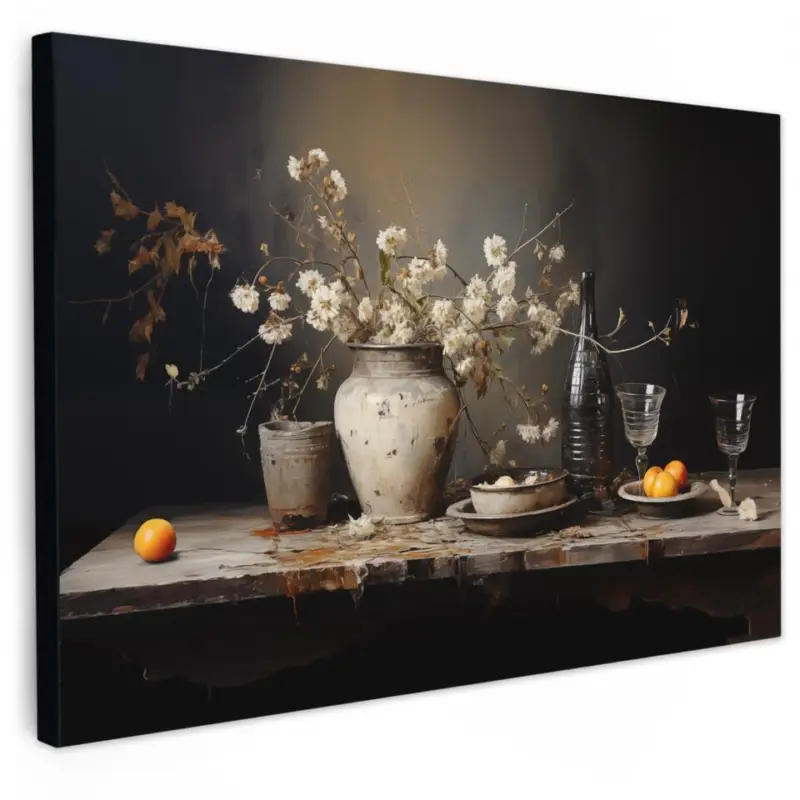 Canvas Schilderij 120x80 cm Stilleven - Bloemen - Boeket - Vaas - Wijn Prix Bas