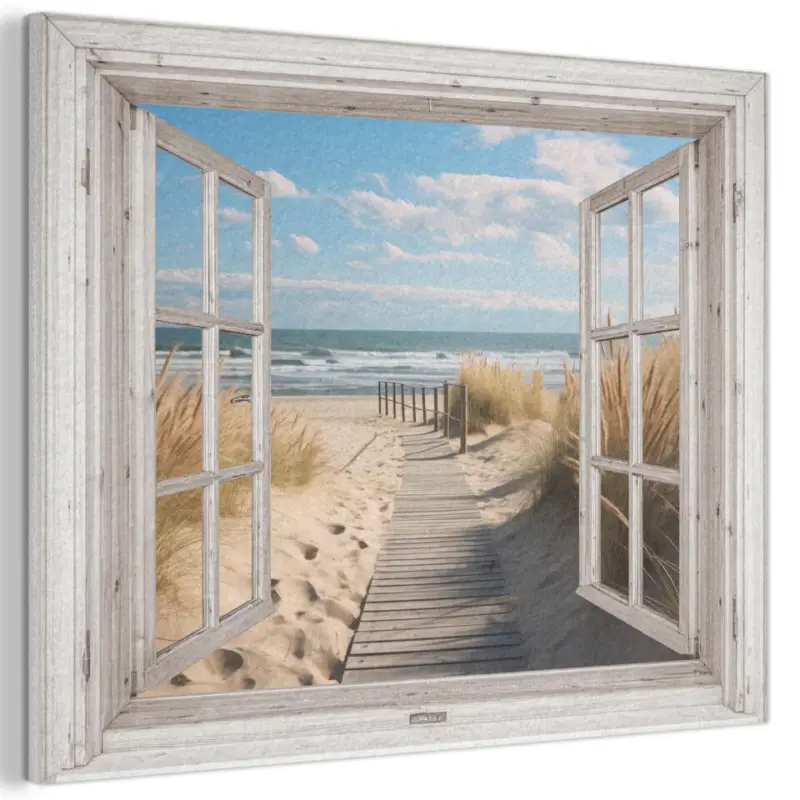 Akoestisch Schilderij 80x60 cm Raam - Zee - Kust - Natuur - Doorkijk - Strand - Super Prix