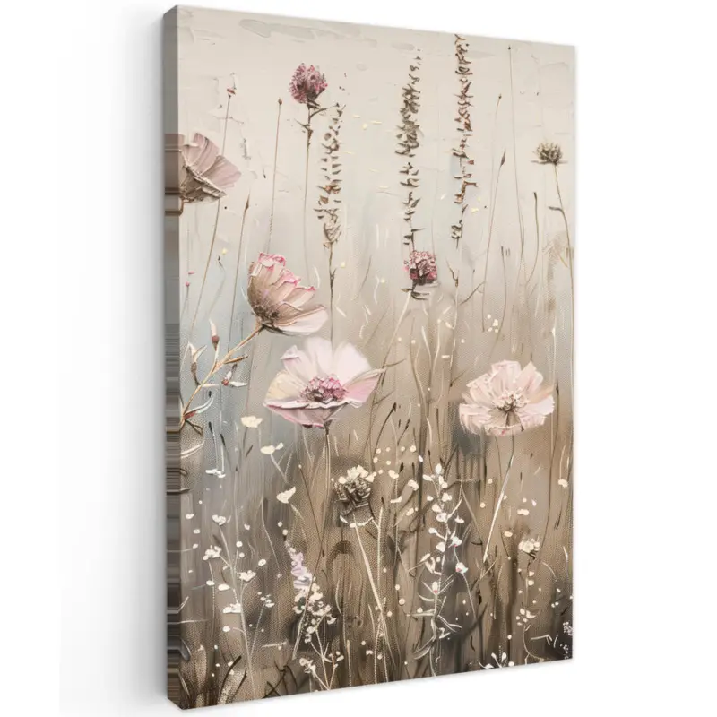 Bon Marché Canvas Schilderij 80x120 cm Bloemen - Roze - Modern - Beige