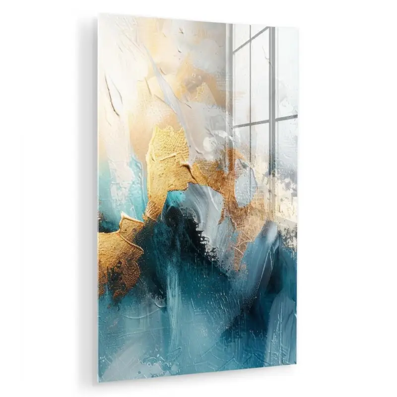 Acheter Direct MuchoWow Glasschilderij 40x60cm Abstract Kunst Gold Blauw