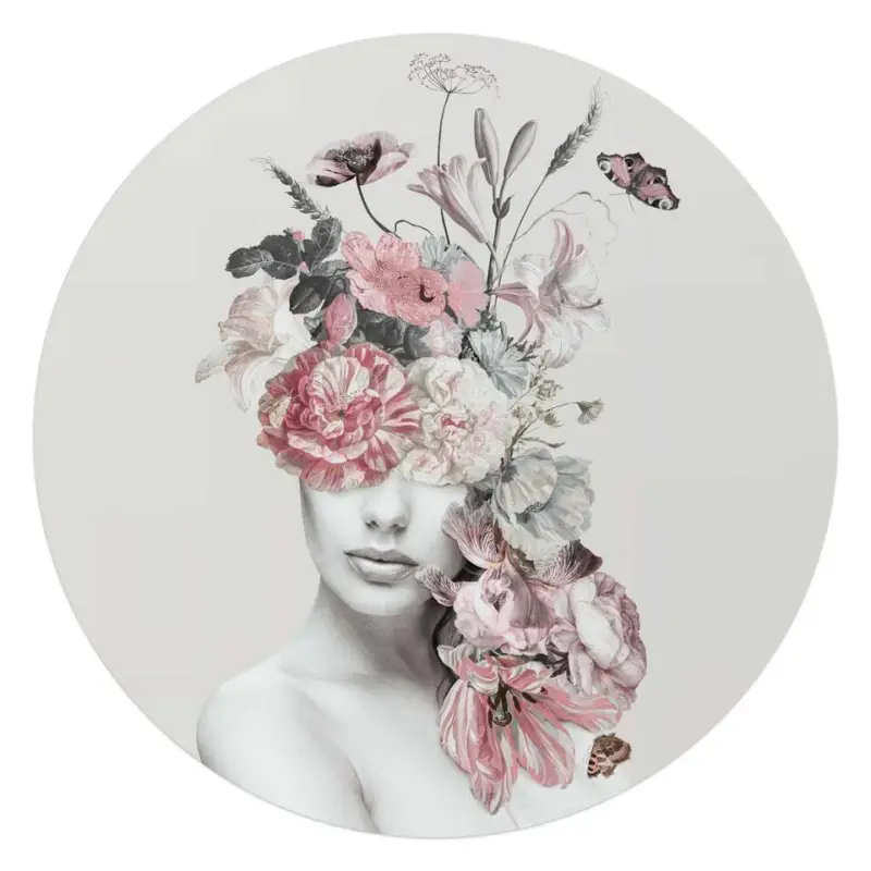 Usine Directe Glasschilderij Bloemenvrouw - Ø 70 - Roze