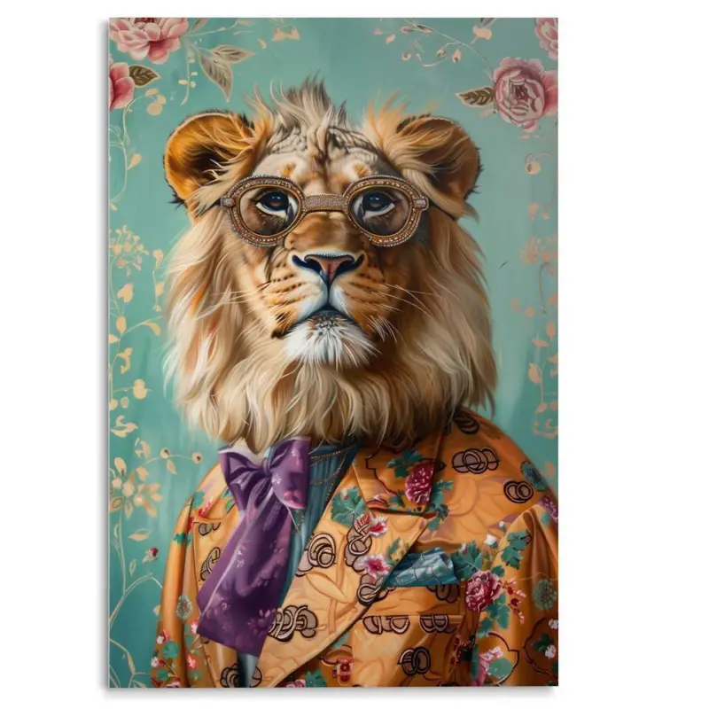 Commander Maintenant Glasschilderij Aangeklede leeuw - 116 x 78 - Bont