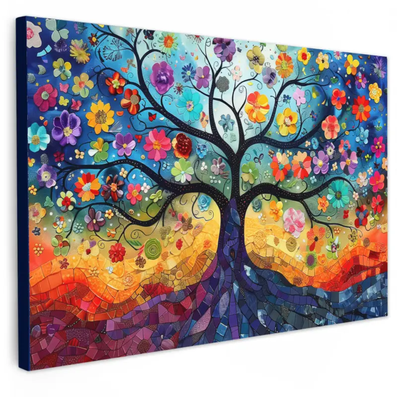 Canvas Schilderij 120x80 cm Kunst - Levensboom - Bloemen - Hippie Prix Choc