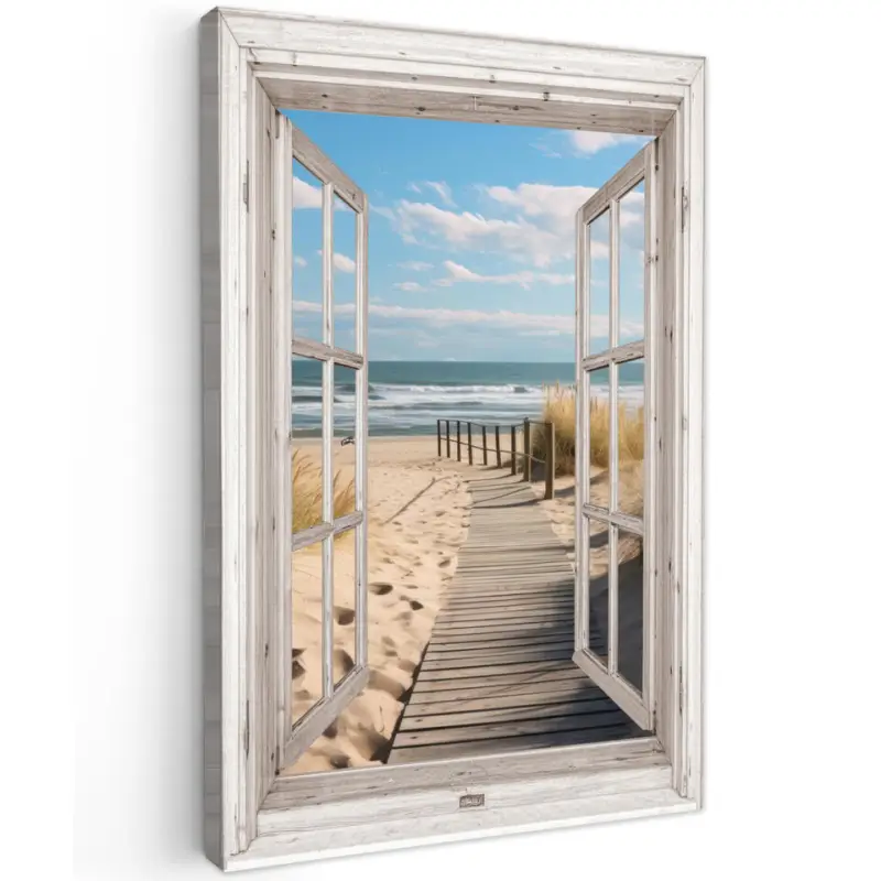 Canvas Schilderij 80x120 cm Raam - Zee - Kust - Natuur - Doorkijk - Strand - Livraison Express