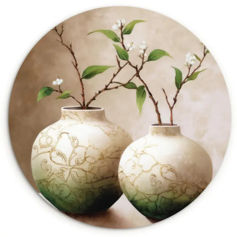 Wandcirkel 150x150 cm Bloemen - Vaas - Wit - Botanisch - Beige Expédition Rapide