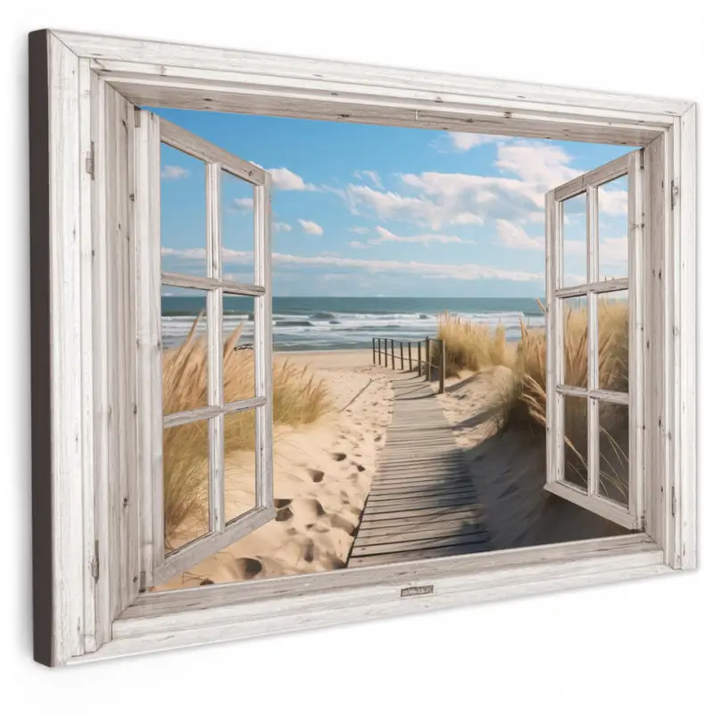 Top Vente Canvas Schilderij 60x40 cm Raam - Zee - Kust - Natuur - Doorkijk - Strand -
