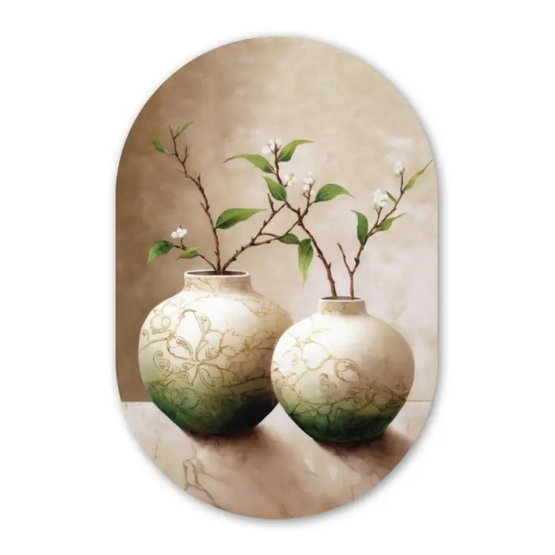 Satisfait Ou Remboursé Wandcirkel 60x90 cm Bloemen - Vaas - Wit - Botanisch - Beige