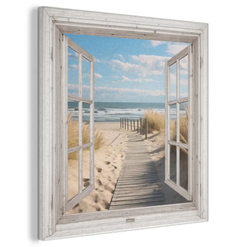 Akoestisch Schilderij 90x90 cm Raam - Zee - Kust - Natuur - Doorkijk - Strand - Top Vente
