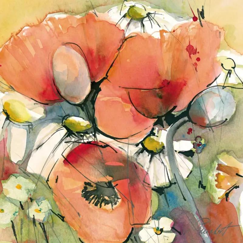 Promotion Saisonnière Kunstdruk Marta Peuckert - Mohn und Margeriten 21x21cm