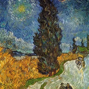 Top Vente Kunstdruk Vincent Van Gogh - Landstrasse mit Zypresse und Stern 70x90cm